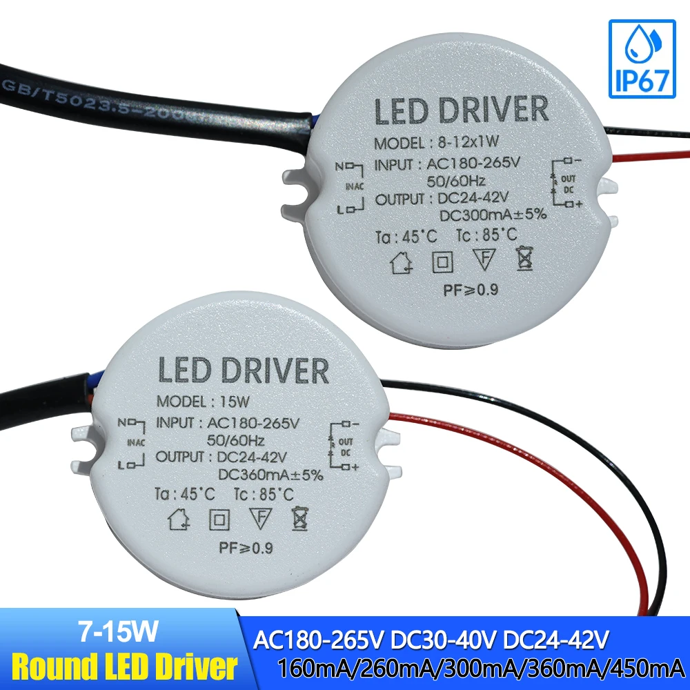 

High PF No Flicker 10W LED Round Driver 7W8W12W15W18W AC180-265V to DC24V 30V 42V 160mA 260mA 300mA 450mA Dia 40mm Tranformer