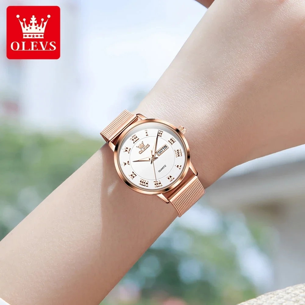 OLEVS Top Brand Ladies\' Watch Elegant Rose gold Milanese Steel Strap Roman Scale Week Display Calendar Women Quartz Wrist watch