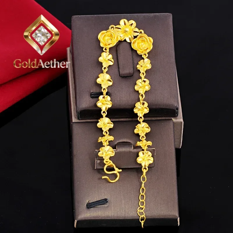 

Золотой браслет GoldAether Classic Fashion 9999 24K из настоящего золота, универсальный, с цветочным узором, ручной работы, для женщин, подарок для мамы.