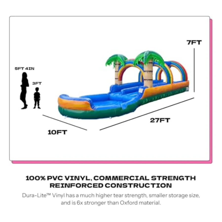 Backyard summer water play: 7ft tall tropical inflatable slip and slide dual lane racer with pool 27ft long 100 PVC vinyl comme
