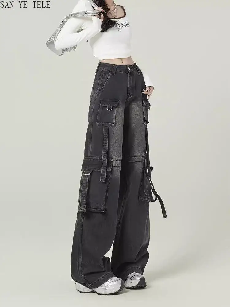 Black Gray Multi Pocket Cargo Jeans Women's Y2K Gothic Baggy Harajuku Oversize Denim Trousers Washed Straight Leg Wide Leg Pants