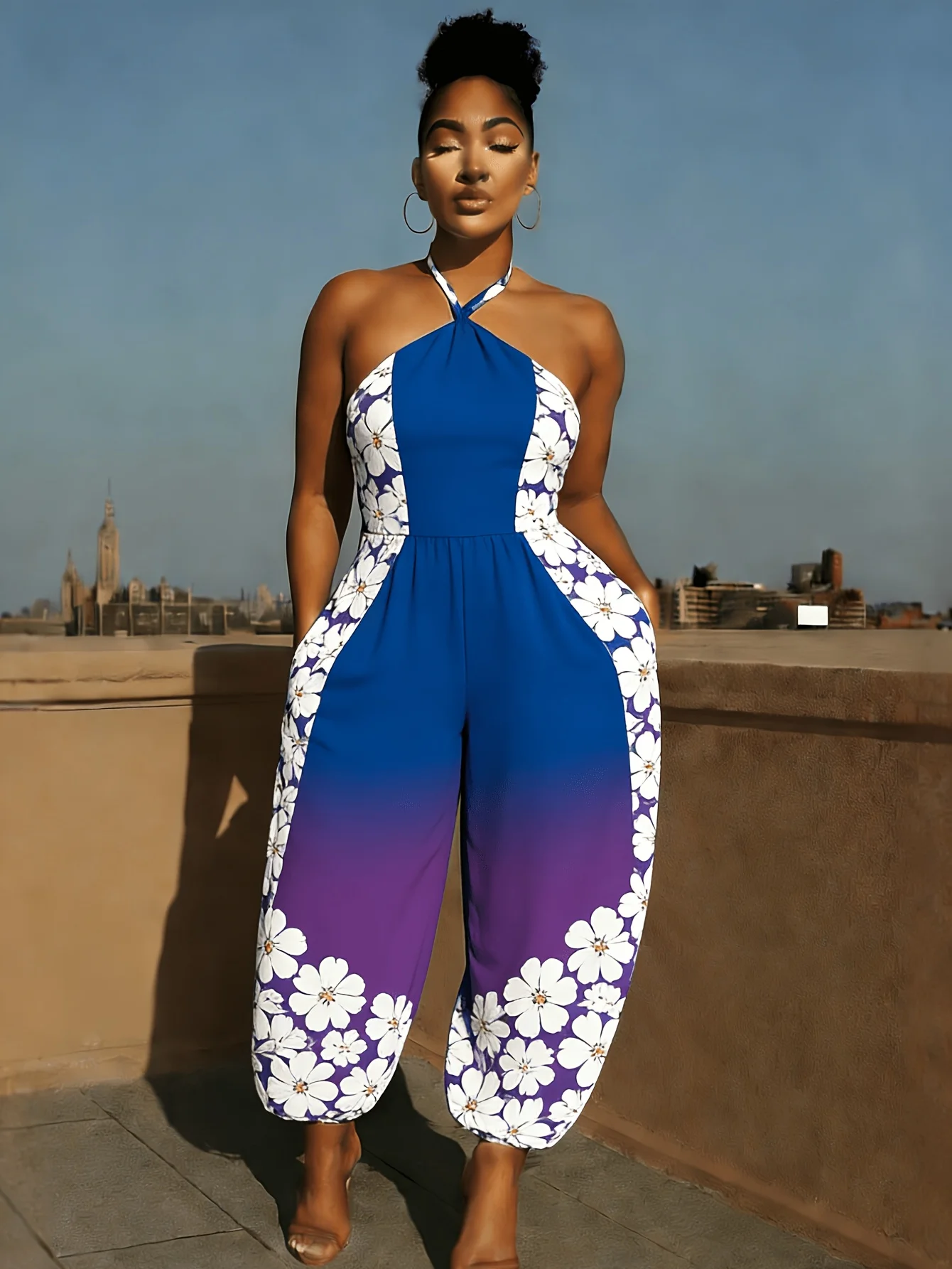 Fresh Floral Print Women's Halter Jumpsuit Gradient Color Sleeveless High Waist Loose Harem Pants Summer Vacation Casual Wear
