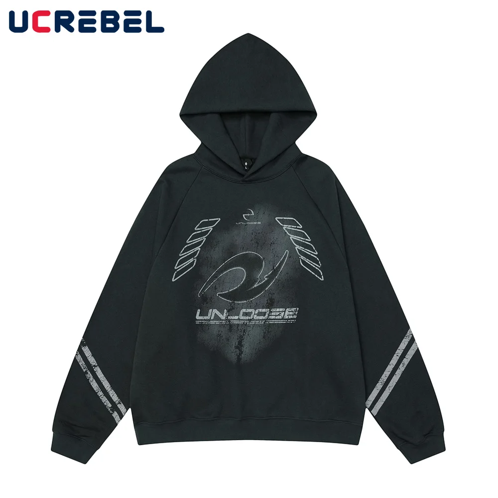 Double-sided Printed Hooded Sweatshirts Mens Washed Distressed High Street Autumn Winter Fleece Long Sleeve Loose Hoodies Men