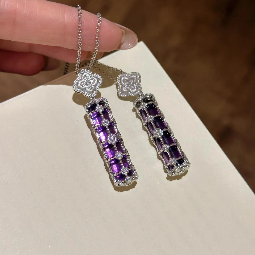 Inspiration inlay diamonds flowers silver amethyst starry pendant purple crystal necklace elegant and luxurious wedding jewelry