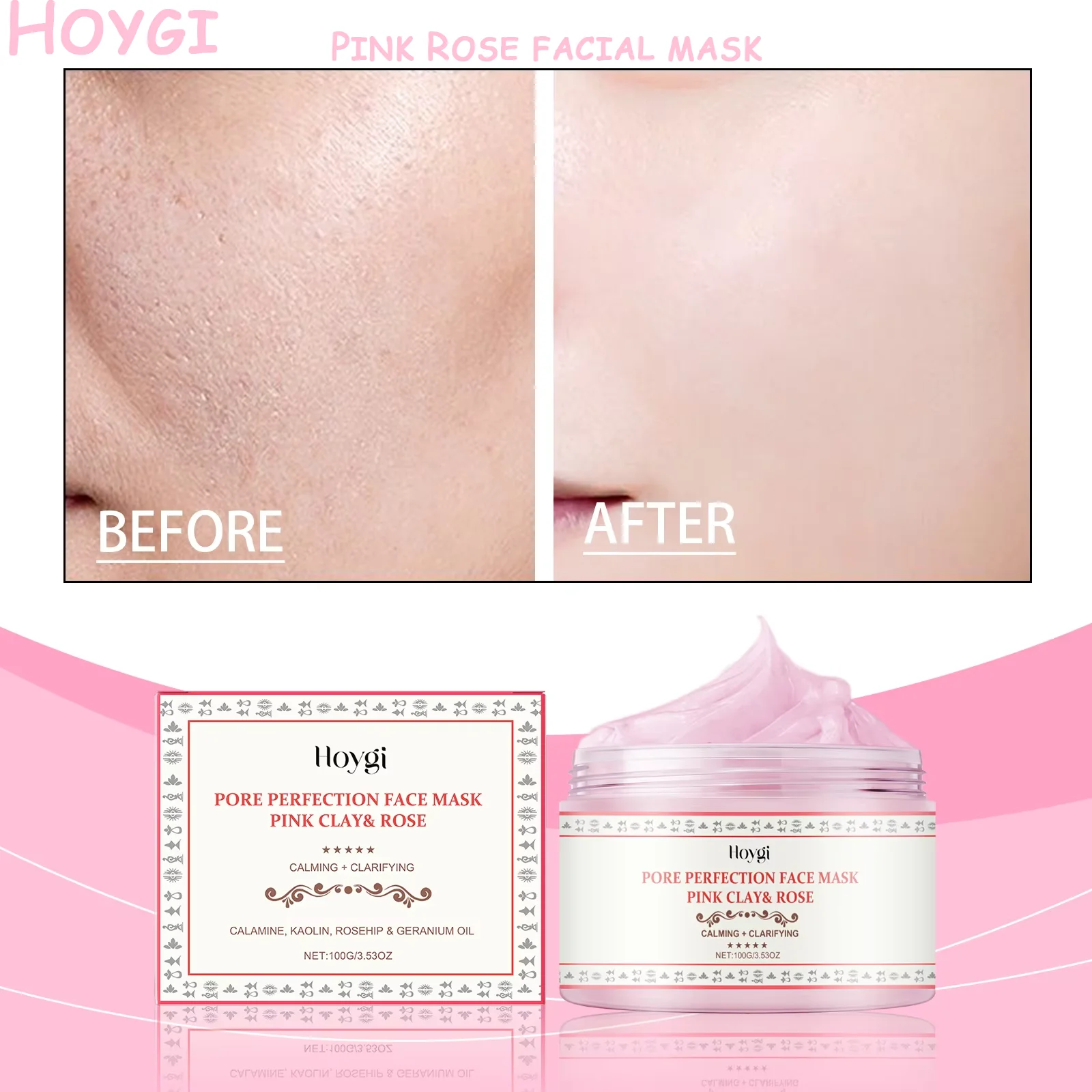 

Hoygi 100g Rose Clay Powder Facial Mask - Gentle Face Cleansing Hydrating Softening Skin Treatment Cleaning Moisturizing Tools