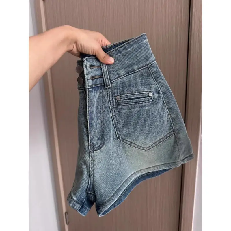 

Design sense new summer denim shorts spicy girls retro distressed high waisted and slimming A-line lifting elastic shorts