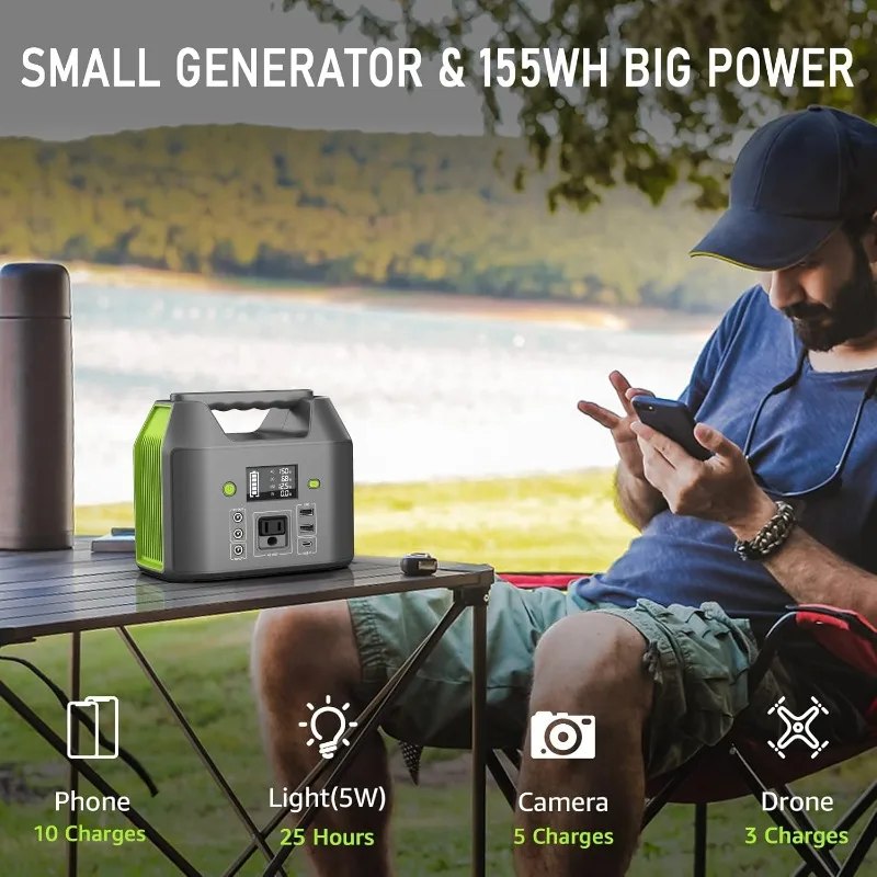 EnginStar Portable Power Station, 150W 155Wh Power Bank with 110V AC Outlet, 6 Outputs External Battery Pack with LED Light