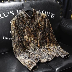 Men Trendy Vintage Print Half High Collar Thick Warm Basic T-shirt Autumn Winter Long Sleeve Slim Fit Pullover Tops Ropa Hombre