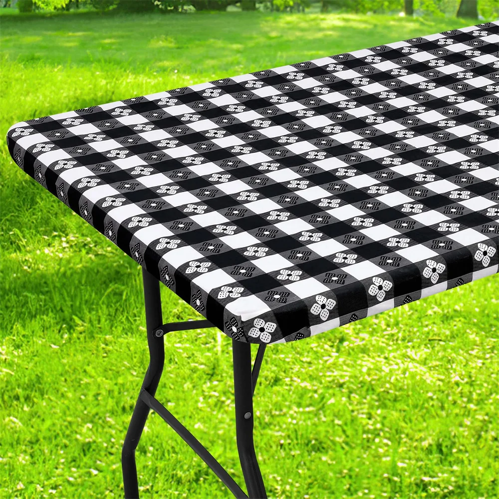 Olanly Rectangle Picnic Table Cloth Waterproof Elastic Fitted Table Covers Plastic Vinyl Tablecloths For Camping Dining Outdoor