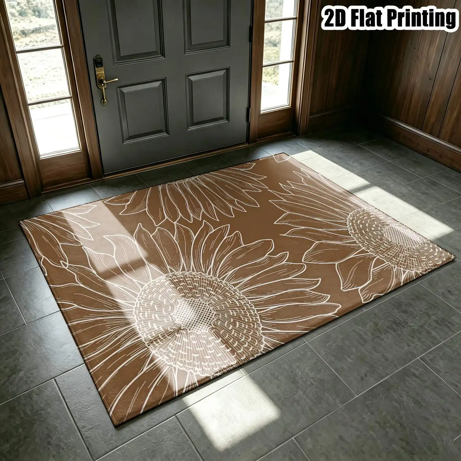 1Pc 2D Printed Brown Sunflower Nordic/Instagram Style Carpet, Machine Washable, Multi-Size, Ideal for Home Decor, Entryway, Dining Room, Bedroom, Living Room
