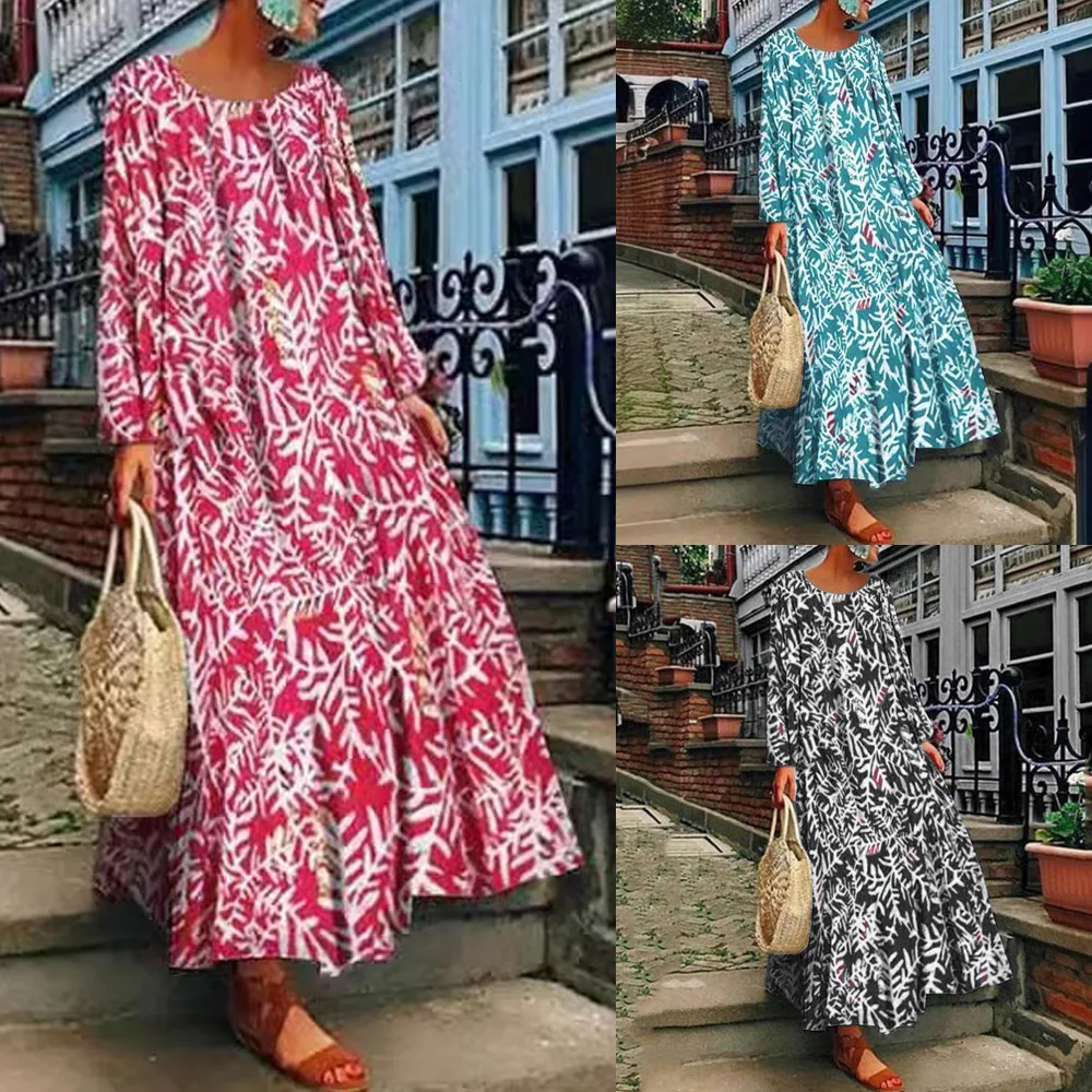 Abito casual ampio con stampa Boho per donna elegante girocollo manica lunga orlo grande abiti lunghi 2024 moda primavera estate novità