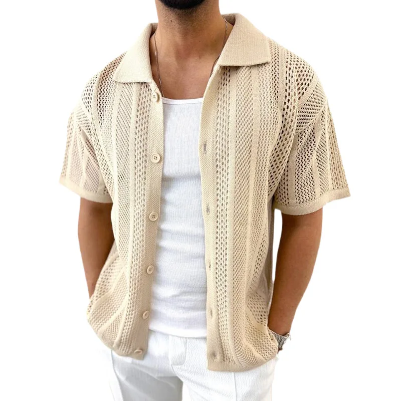 2026 Summer Thin Knitted Sweater Men's Lapel Short Sleeve Hollow Cardigan Men's Clothing