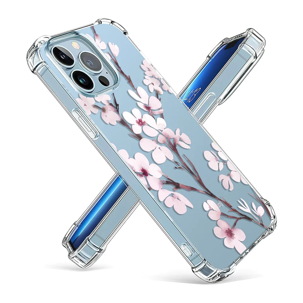 Shockproof Phone Case For iPhone 14 13 12 11 Pro X XS XR Max 7 8 Plus SE 2020 Mini Plum Rose Flower Soft Clear TPU Back Cover