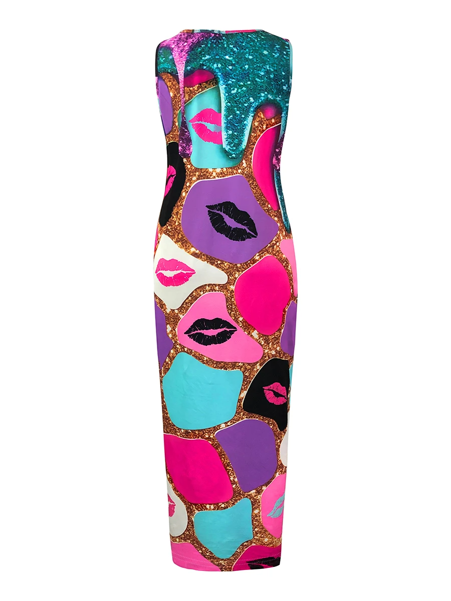 Lw Plus Size Jurken Print Patchwork Bodycon Cami Jurk Zomer Mouwloze Maxi Jurk Vestido Zonnejurk Slanke Skinny Casual Jurk