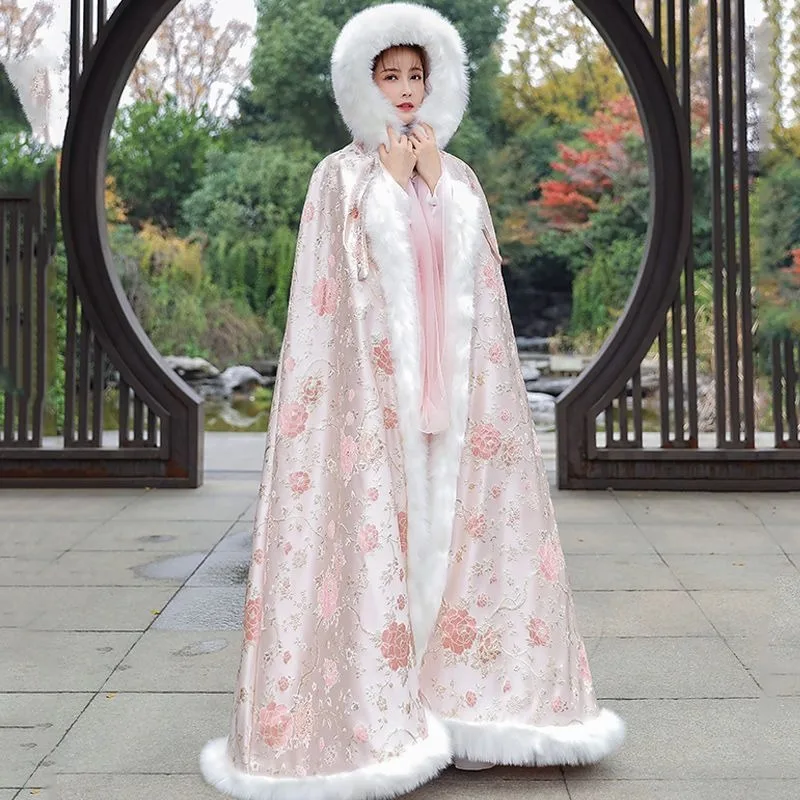 جديد الوردي الشتاء كيب شال الأميرة نمط دافئ سميكة الشتاء كيب النمط الصيني المألوف ملابس خارجية مريحة ودافئة