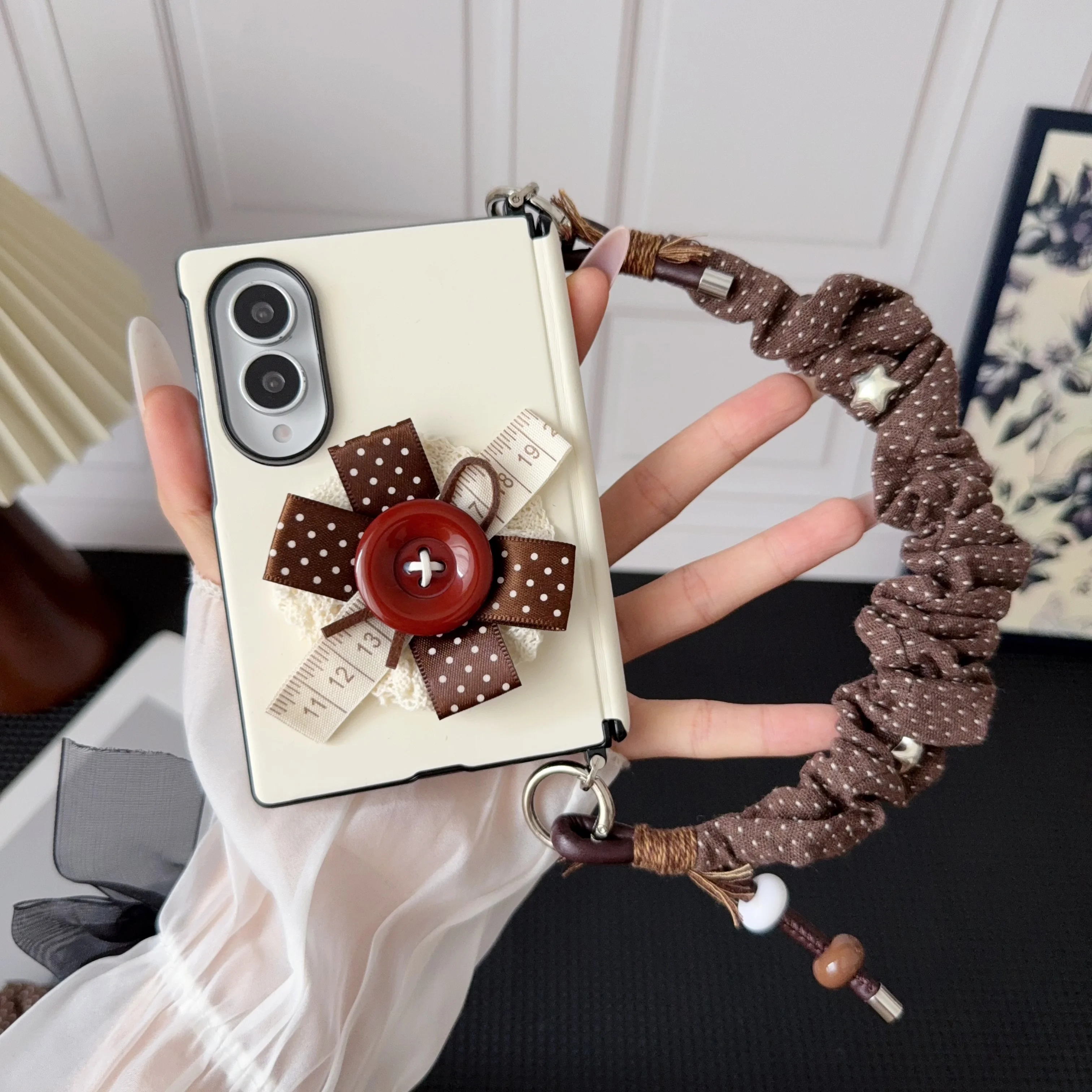 DIY Vintage Polke Dot Bowknot Button Star Leather Phone Case for iPhone Duo Central Axis Protection Lanyard Protective Cover