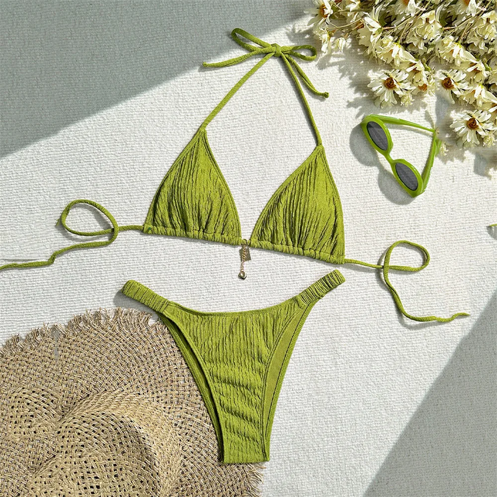 Trajes de baño de color rosa liso, conjunto de microbikini con cordón triangular y cuello Halter, traje de baño para Mujer 2026, Bikinis brasileños para Mujer
