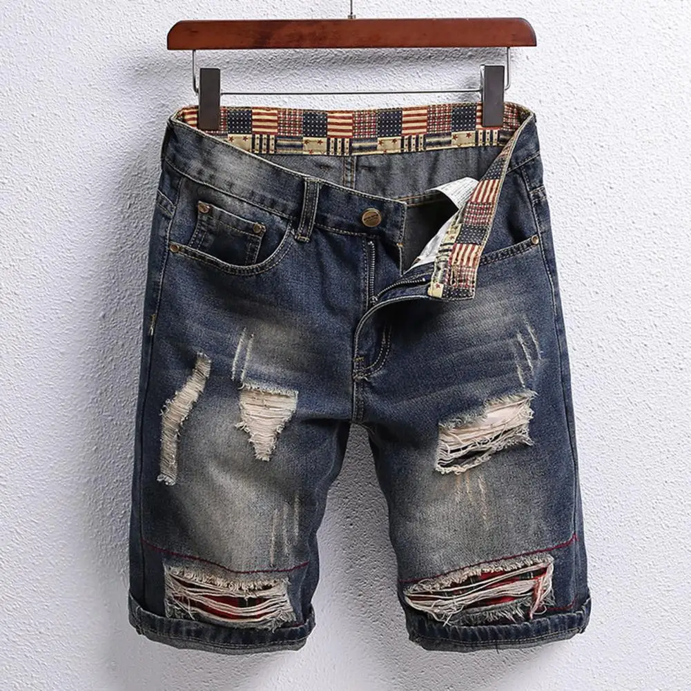 

Ripped Holes Patch Design Shorts Men's Retro Denim Shorts with Ripped Holes Patch Design Straight Leg Streetwear for Summer