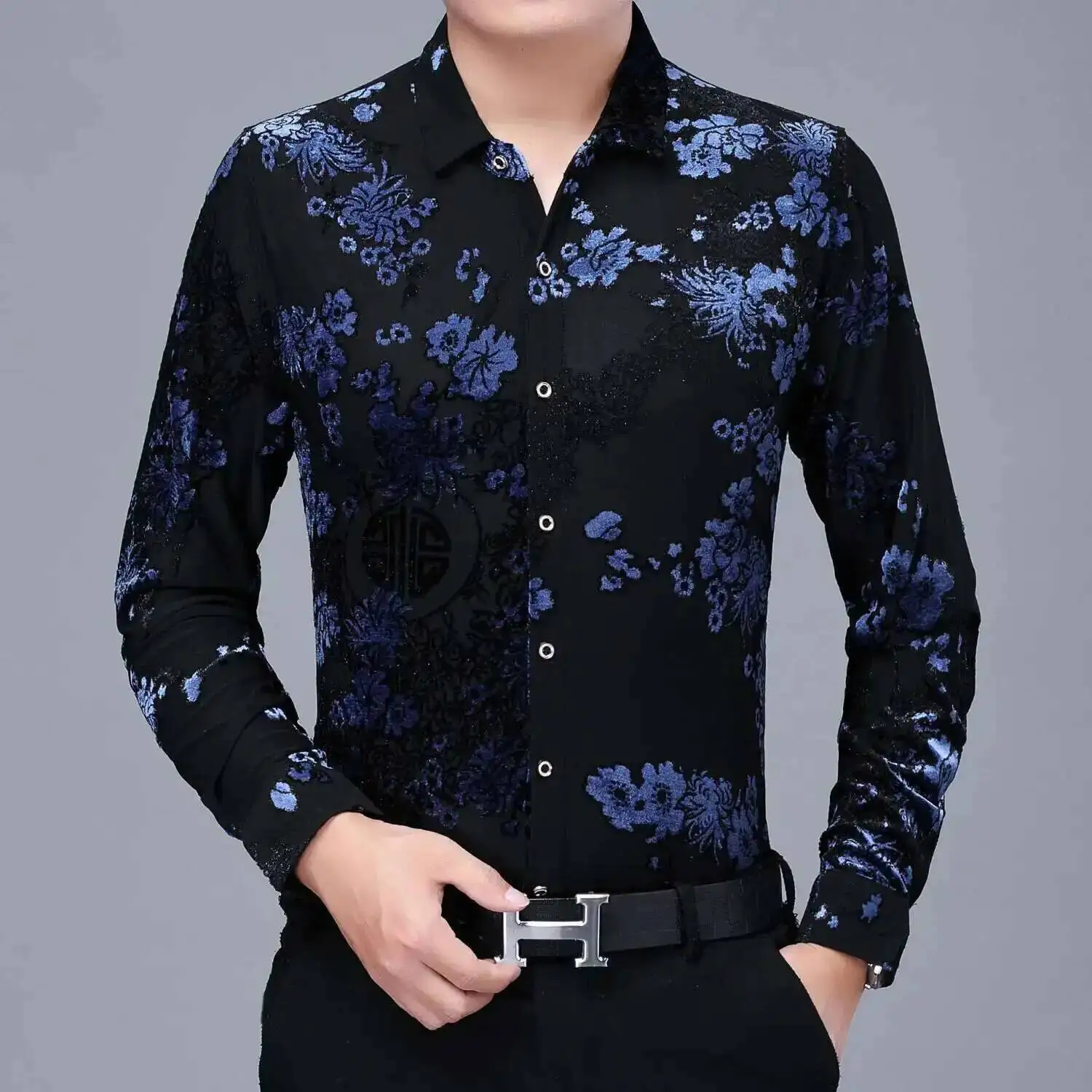 High Quality Mens Floral Shirt 2021 Long Sleeve Slim Velvet Shirt Men Clothing Camisa Business Party Prom Red Blue Flower Shirt