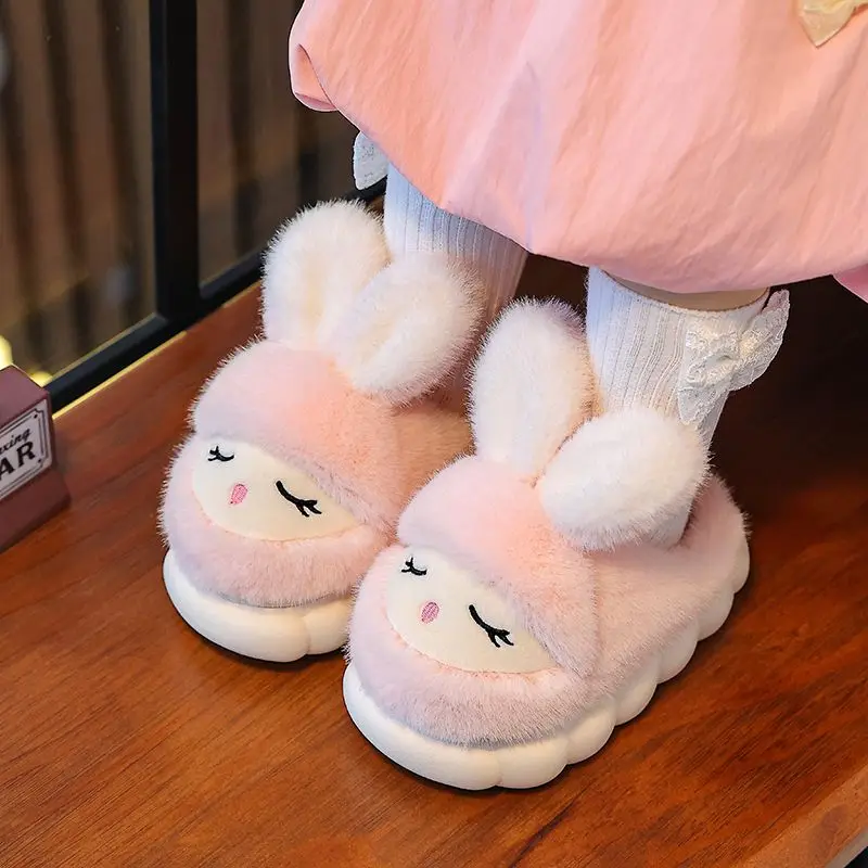 

New Winter Children's Rabbit Fluffy Slippers Cute Little Bear Non-slip Soft Slides Boys Warm Indoor Mule Kids Home Cotton Shoes