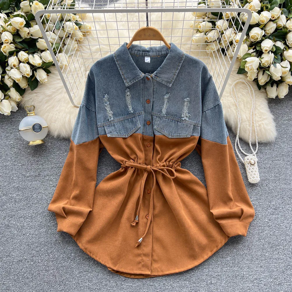 Mature Style Long Sleeve Summer Women's Fashion High-End Denim Patchwork Color Block Waist-Cinching Elegant Shirt Short Dress