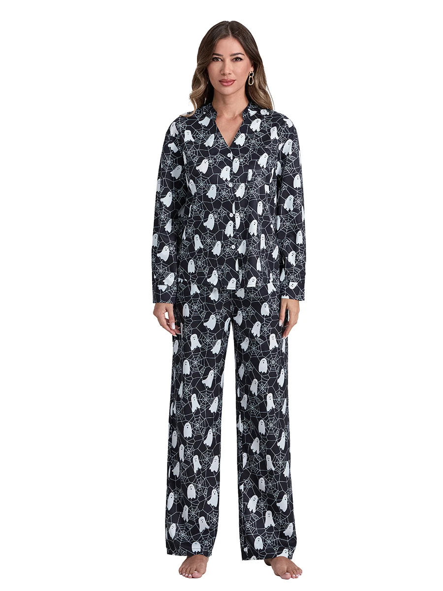 Frauen Halloween Pyjama Set Ghost Print Revers Hals Langarm Tops elastische Taille Hosen mit Taschen für den Frühling Herbst