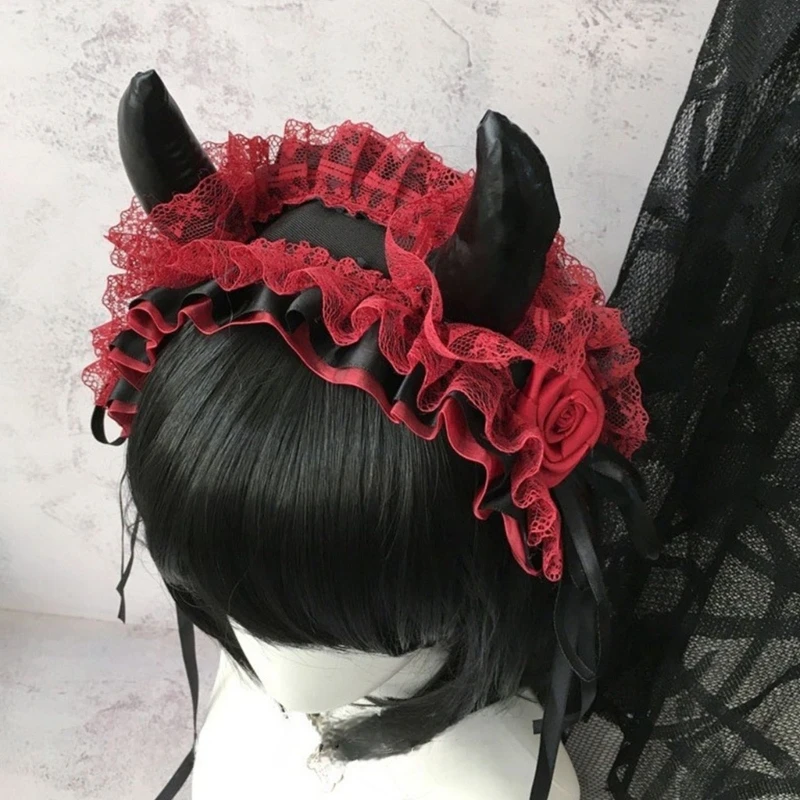652F Devil Horn Headband Headpiece Gothic Lace Hairband Gothic Costume Accessories For Women Halloween Cosplay Music Festival