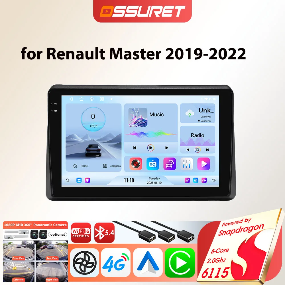 OSSURET Android autoradio lecteur pour Renault Master 2019-2022 Carplay Auto GPS 4G voiture intelligente multimédia par Snapdragon 6115