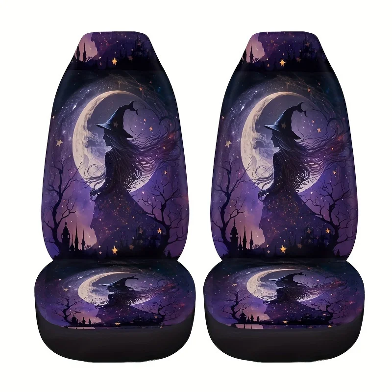 Elegant Wizard And Moon Car Seat Cover, 2pcs, Polyester Fiber, High-Definition Printing, All-Season, Hand Washable, No Filler