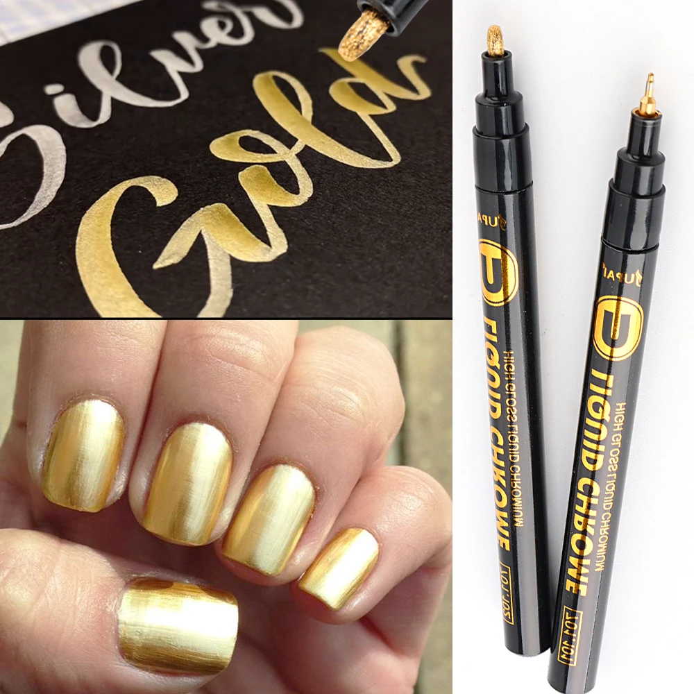 1Pcs Nail Art Graffiti Pen Metallic Gold Silver Color Waterproof Nail Marker Pen Gel Polish Design Drawing Liner Brush LEB704