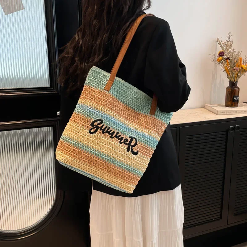 

2025 Новинка! Соломенная сумка-тоут ручной работы — Радуга — контрастный дизайн, пригородная сумка-ведро большой вместимости