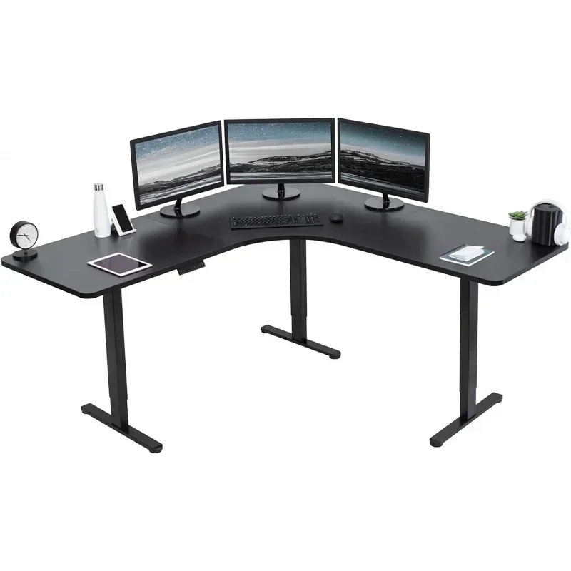 

Electric Height Adjustable 71 x 71 inch Curved Corner Stand Up Desk, Black Table Top, Black Frame,Controller, L-Shaped W