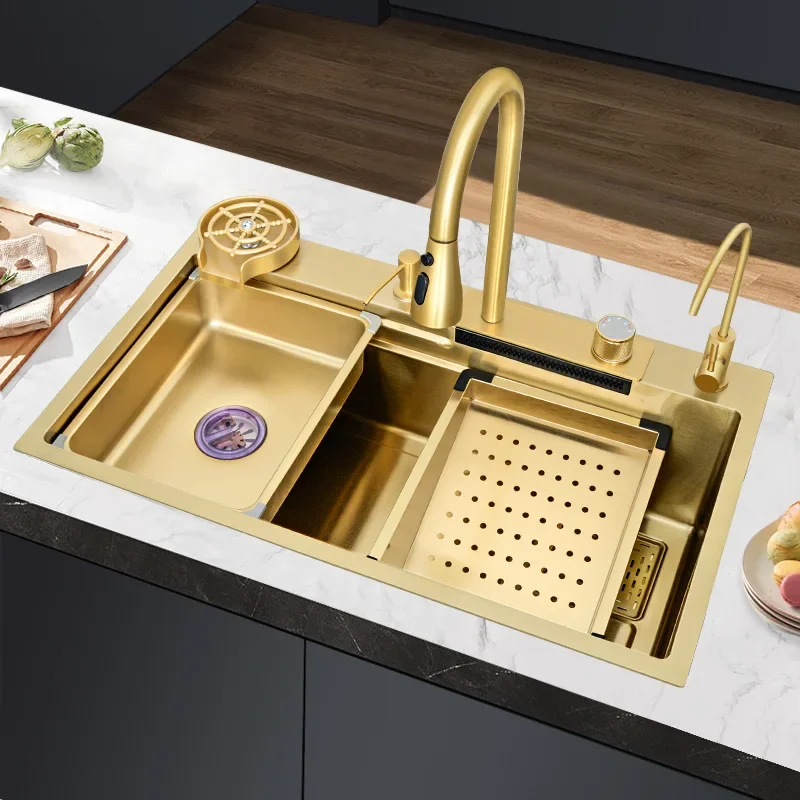 Modern Multi-Functional Kitchen Sink with Faucet 304 Stainless Steel Single Bowl Square Shape Waterfall Utility Design
