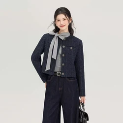 Vintage Tweed Cropped Jackets for Women Korean Elegant Long Sleeve Thick Short Coat Harajuku Single Breasted Blended Outerwear