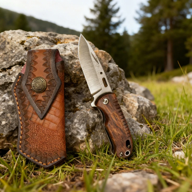 Outdoor Camping Split Genuine Leather Carved Knife Sheath for Folding Knife Fruit Knife Portable Protective Holster