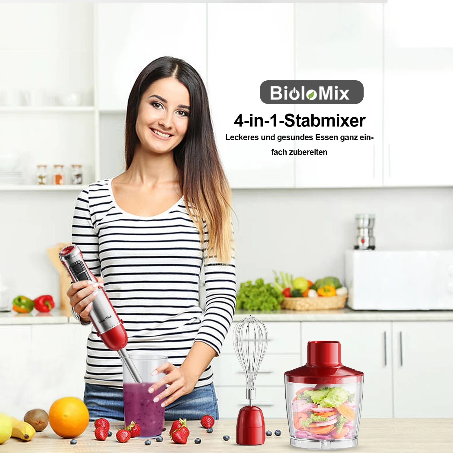BioloMix Roter 1200 W 4-in-1-Stabmixer mit Zerkleinerer und Smoothie-Becher, Edelstahl-Tauchmixer für Babynahrung und Eiszerkleinerung – Detail 1