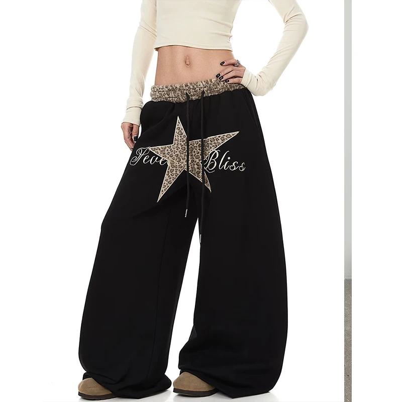 2026 Summer  Retro American Street Style Leopard Print Waistband Patchwork Embroidered Dance Loose Wide Leg Pants for Women