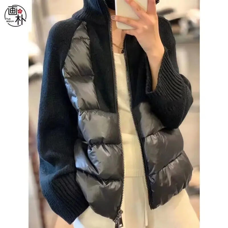 Winter Knitted Spliced Half High Collar Cotton Coat Women\'s Style Commuter Sewn Zipper Straight Tube Thick Knitted Sweater Coat