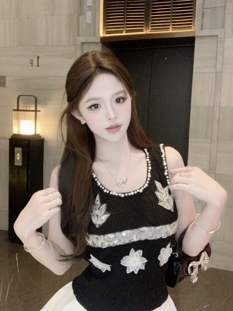Chaleco de punto de verano, camiseta ajustada con lentejuelas y cuentas, Tops sin mangas de moda coreana para mujer