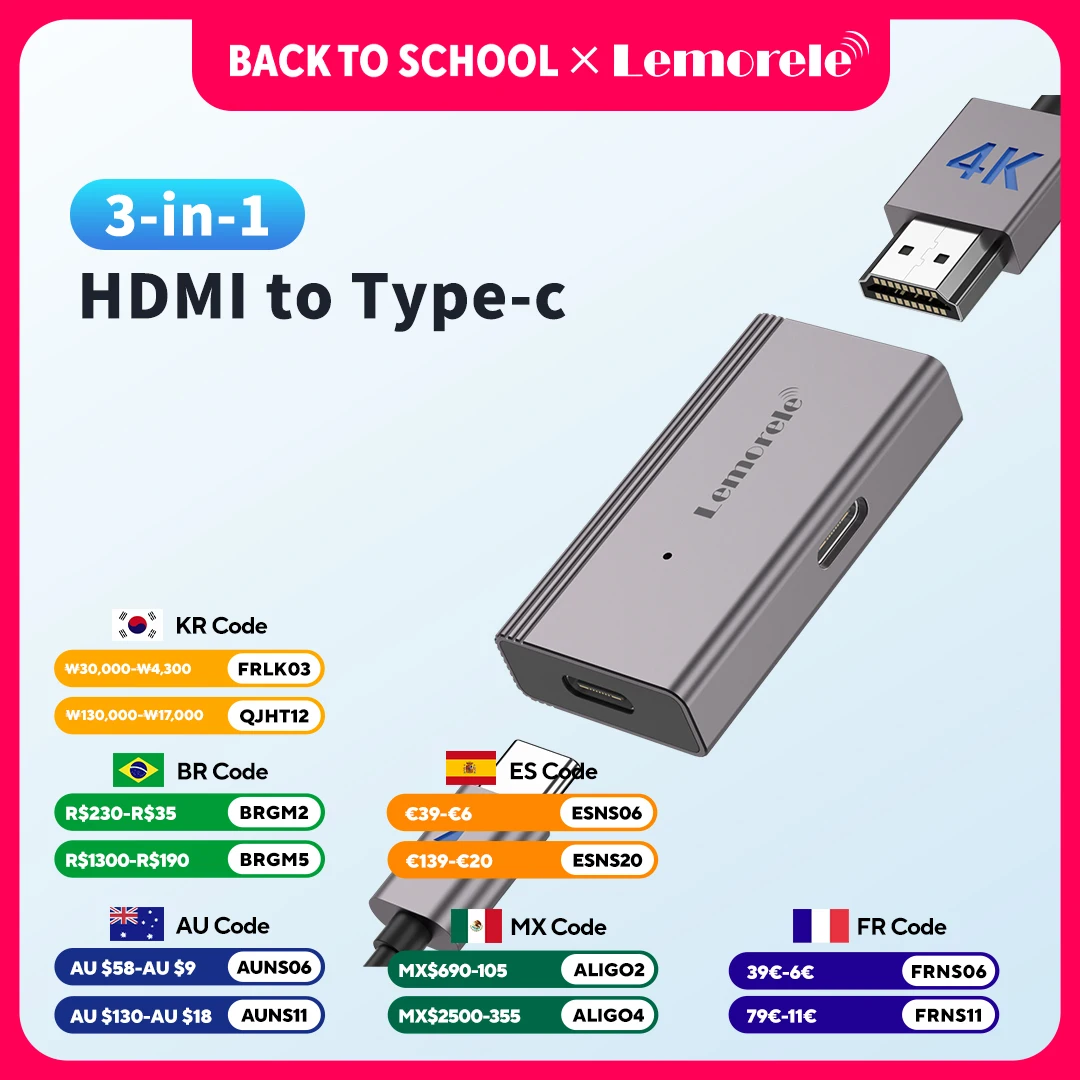 Lemorele adaptador hdmi para tipo c 4k 60hz hd ar óculos conversor adaptador carga e reprodução USB-C hub para switch ps4/5 xbox xreal