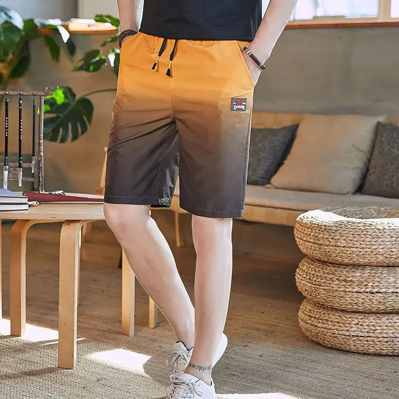 Pantalones cortos informales de verano para hombre, cintura elástica, cordón, bolsillos de contraste, hasta la rodilla, moda coreana