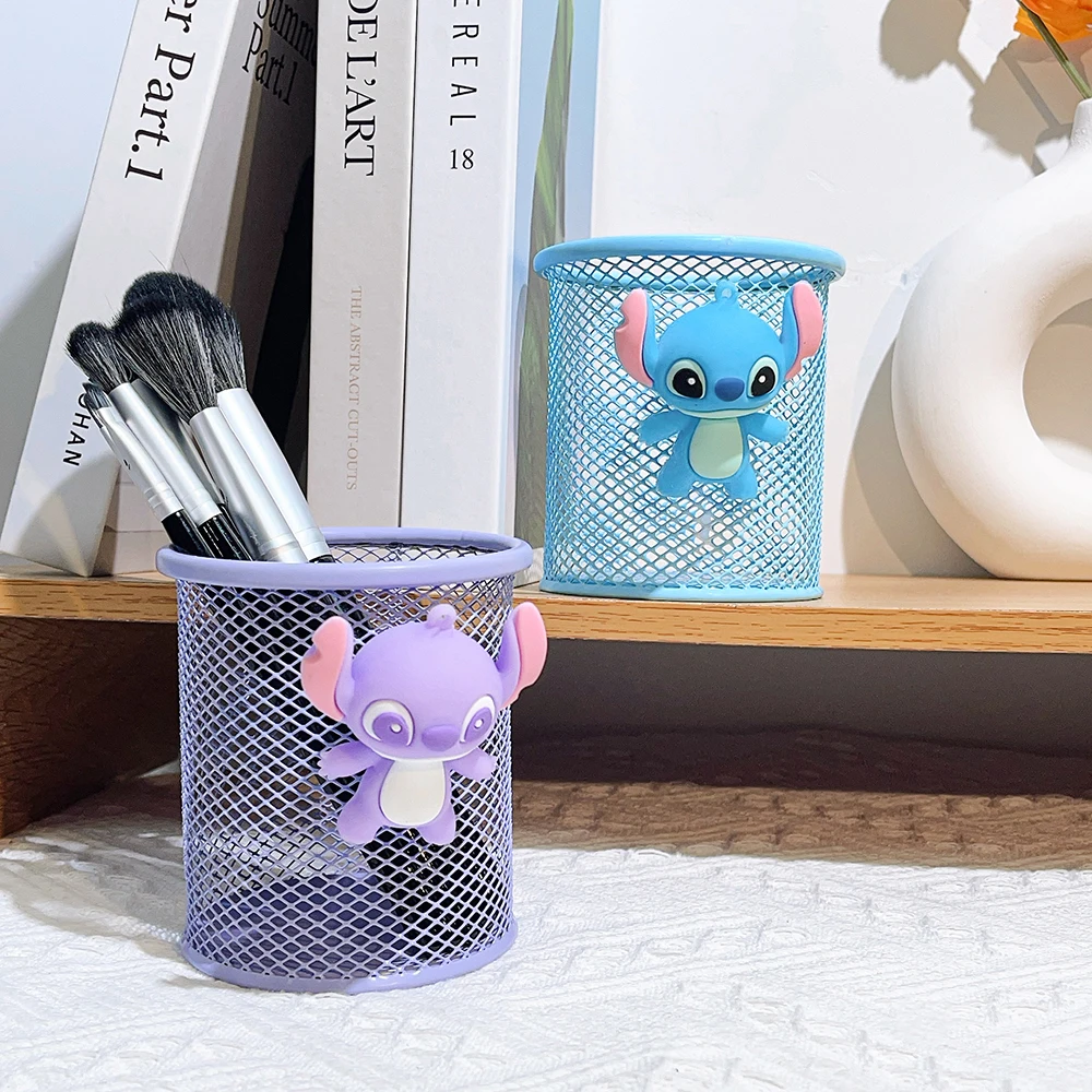 Disney Stitch Doll Design Metal Mesh Pen Holder - Square/Round Desk Organiser Container, Durable IP Pencil Case for Fans