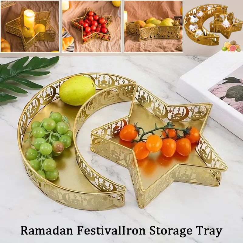 Golden Star Moon Iron Tray Ramadan Festival Decor Fruit Candy Storage Basket Home Desktop Snack Organizer Gift Trays Decorative