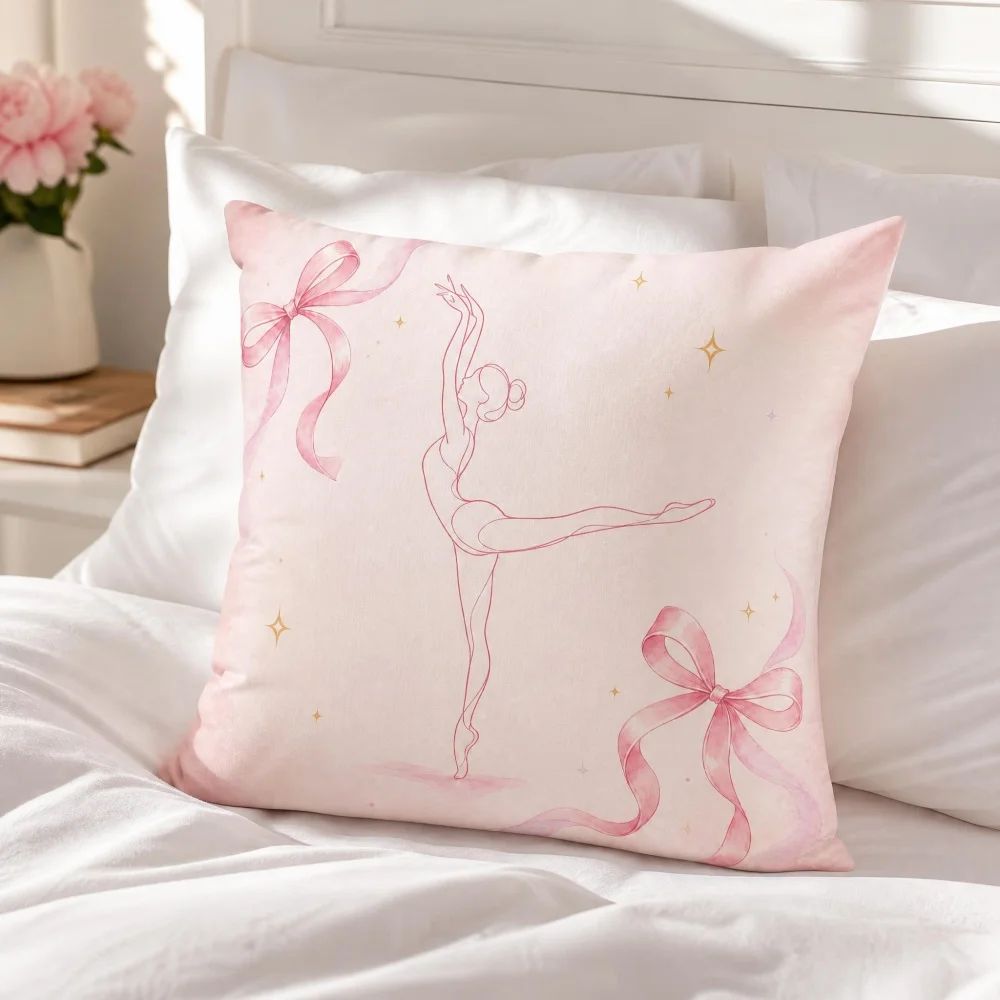 Pink Ballerina Bow Ribbon Square Throw Pillow Cute Star Ballet Dancer Decorative Cushion for Girls Bedroom Nursery Home Decor
