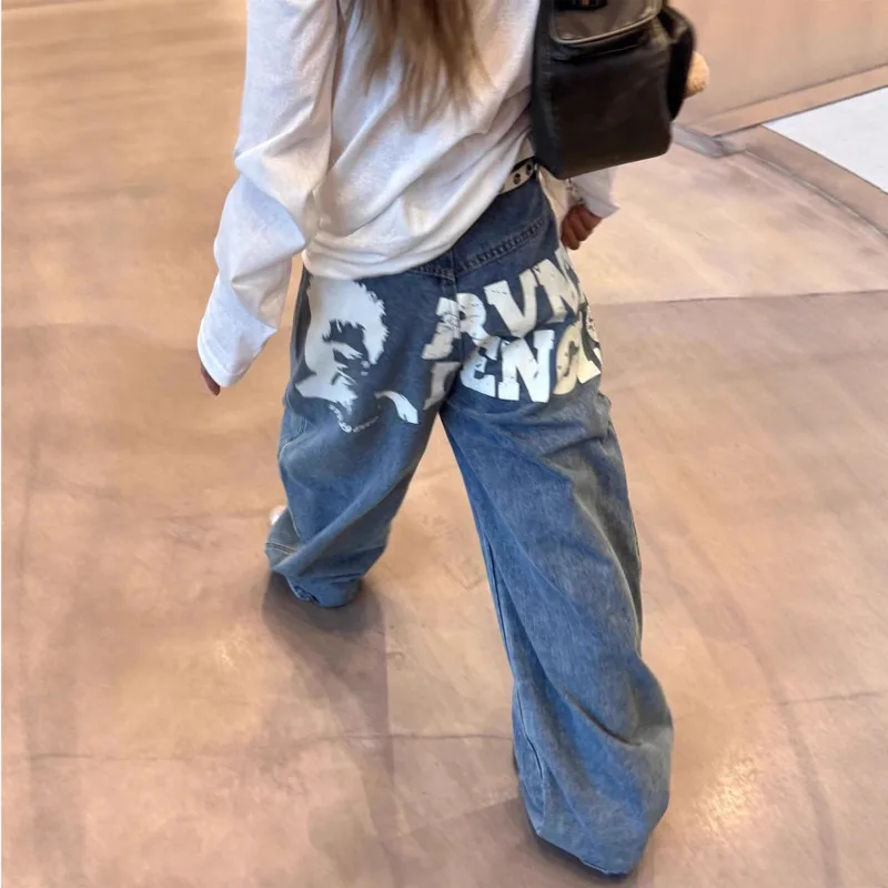 

Leisure Letter Print Jeans For Women Y2k Design Autumn New Loose Slimming Comfortable Daily Commute Wide-Leg Floor-Length Pants