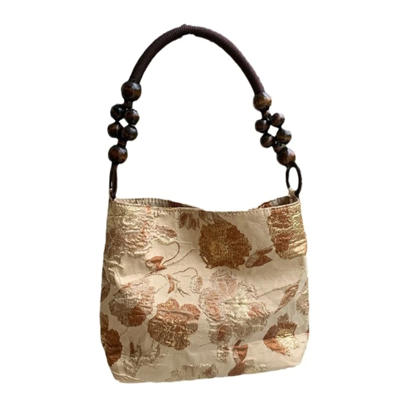 Vintage Wood Beads Chain Handle Shoulder Bag Embroidered Print Flower Handbag Fashion Bucket Bag Underarm Bag for Women