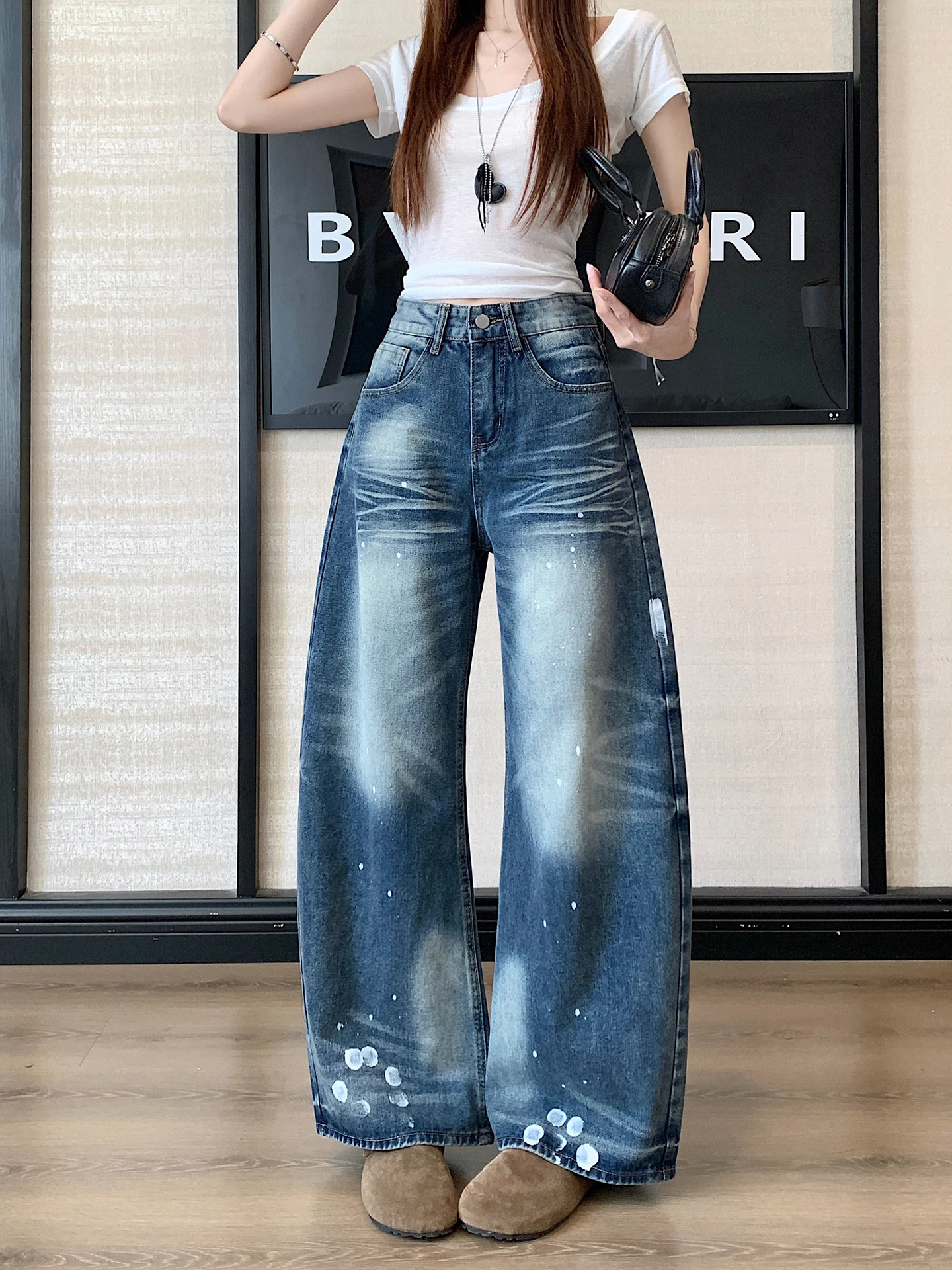 

Retro Washed American High Street Wide Leg Jeans Women Summer Loose Slim High Waist Versatile Knife Pants Denim Skinnies