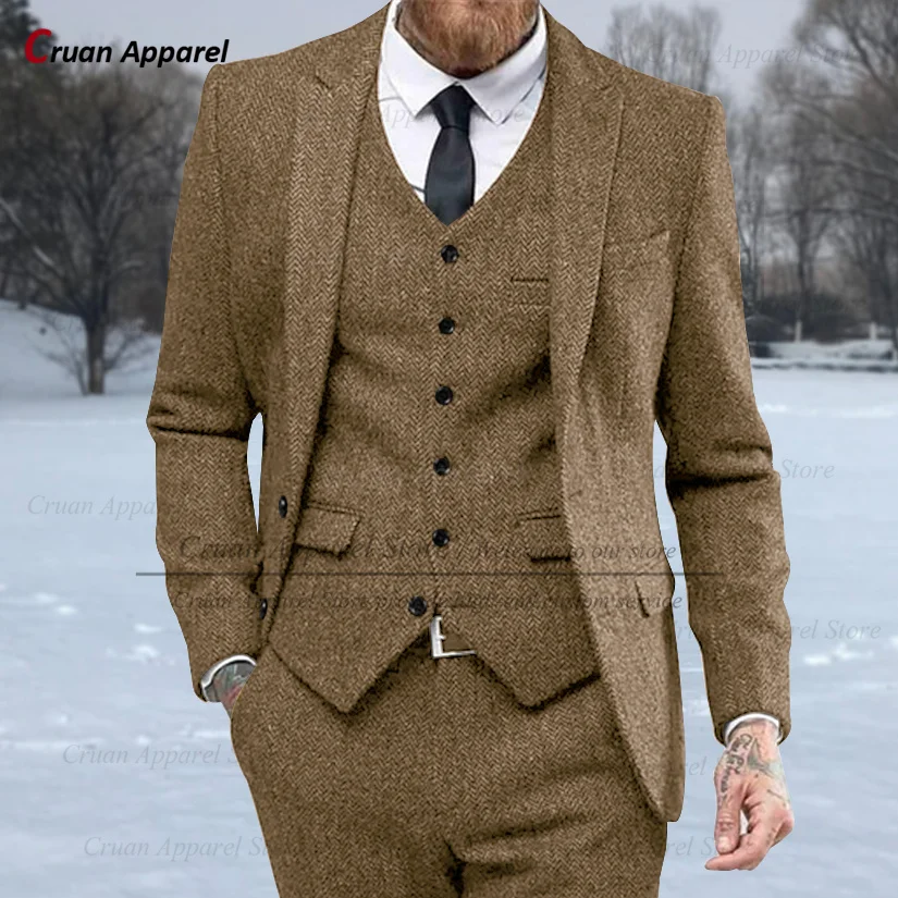 Grey Tweed Suits for Men Slim Fit Formal Herringbone Groom Vintage Wedding Tuxedo Casual Business Jacket Vest Pants 3 Pieces Set