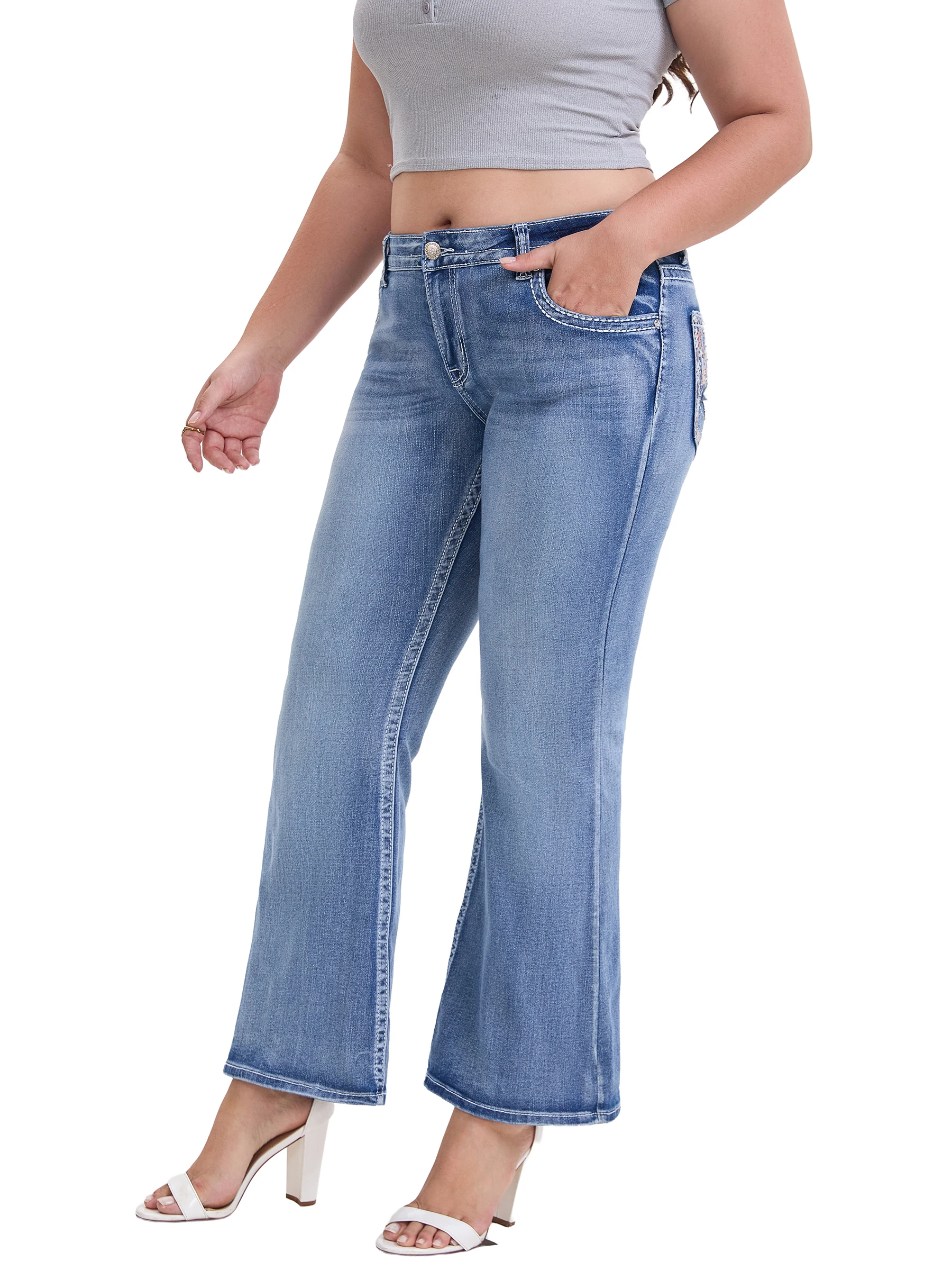 Gestickte Flare-Jeans für Damen, mittelhoher Bund, hohe Stretch-Stern-Design, Lady High-Street-Vibe, Flare-Ziehhose für große Frauen