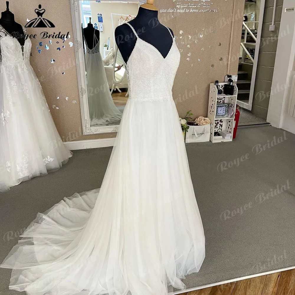 Robe Civil Chic V Neck Lace Bodice Boho Beach Backless Wedding Dress for Women 2024 Bridal Gown Spaghetti Straps abito da sposa